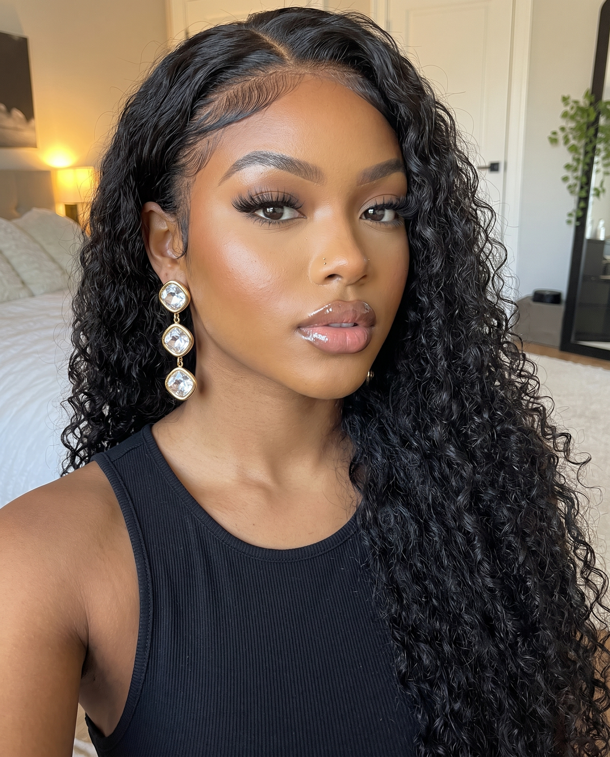 Boucle d'oreille pendante à trois cristaux portée, cheveux attachés, débardeur noir